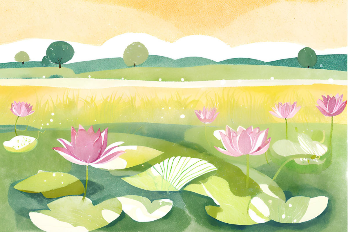 Pink water lilies in the pond and sunny skies shown in the graphics signifying the month of July.